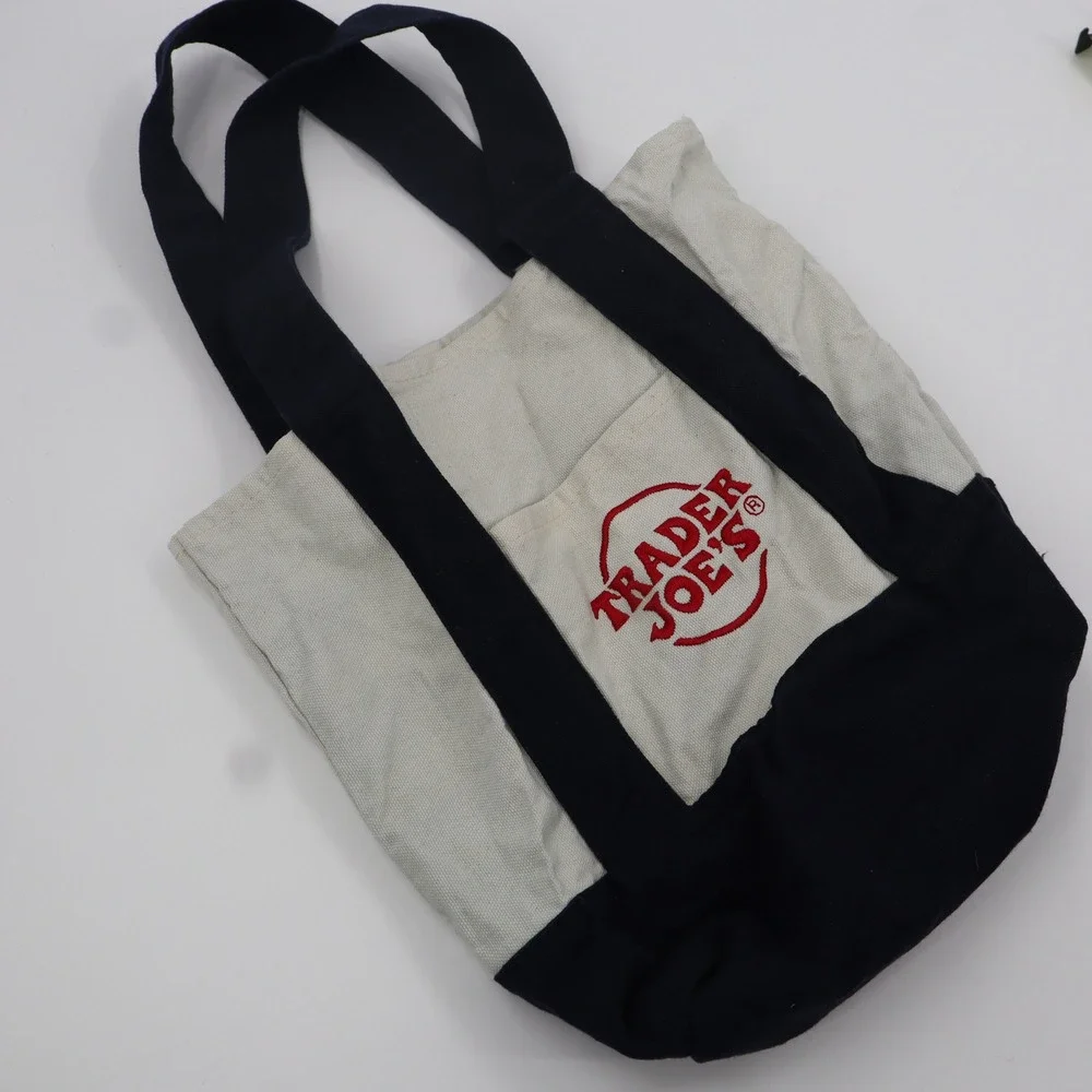 Trader Joe's Mini Canvas Tote Bag Small Navy Blue Cream Embroidered Reusable EUC